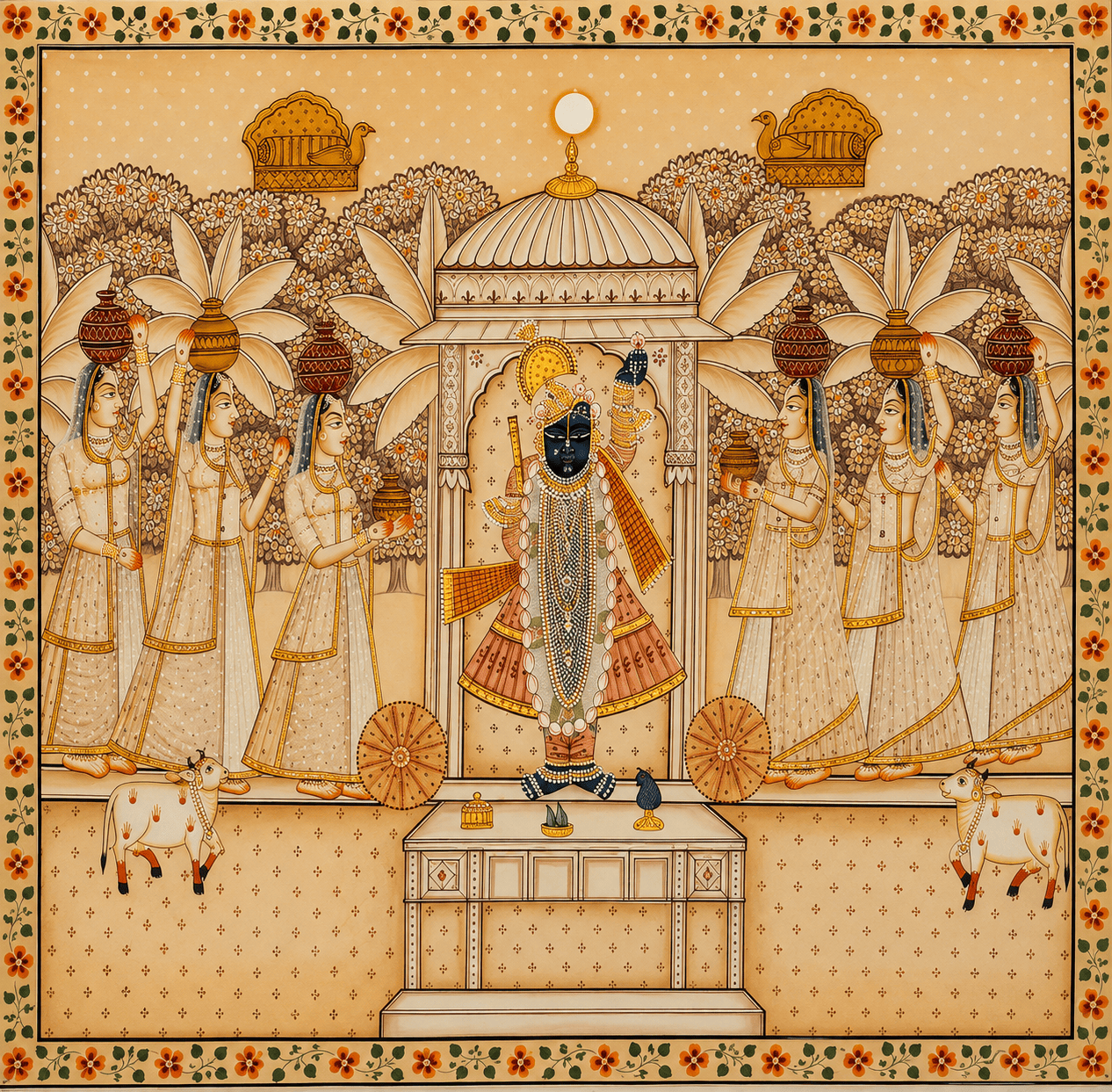 Shrinathji Darshan Pichwai Painting with Gopis